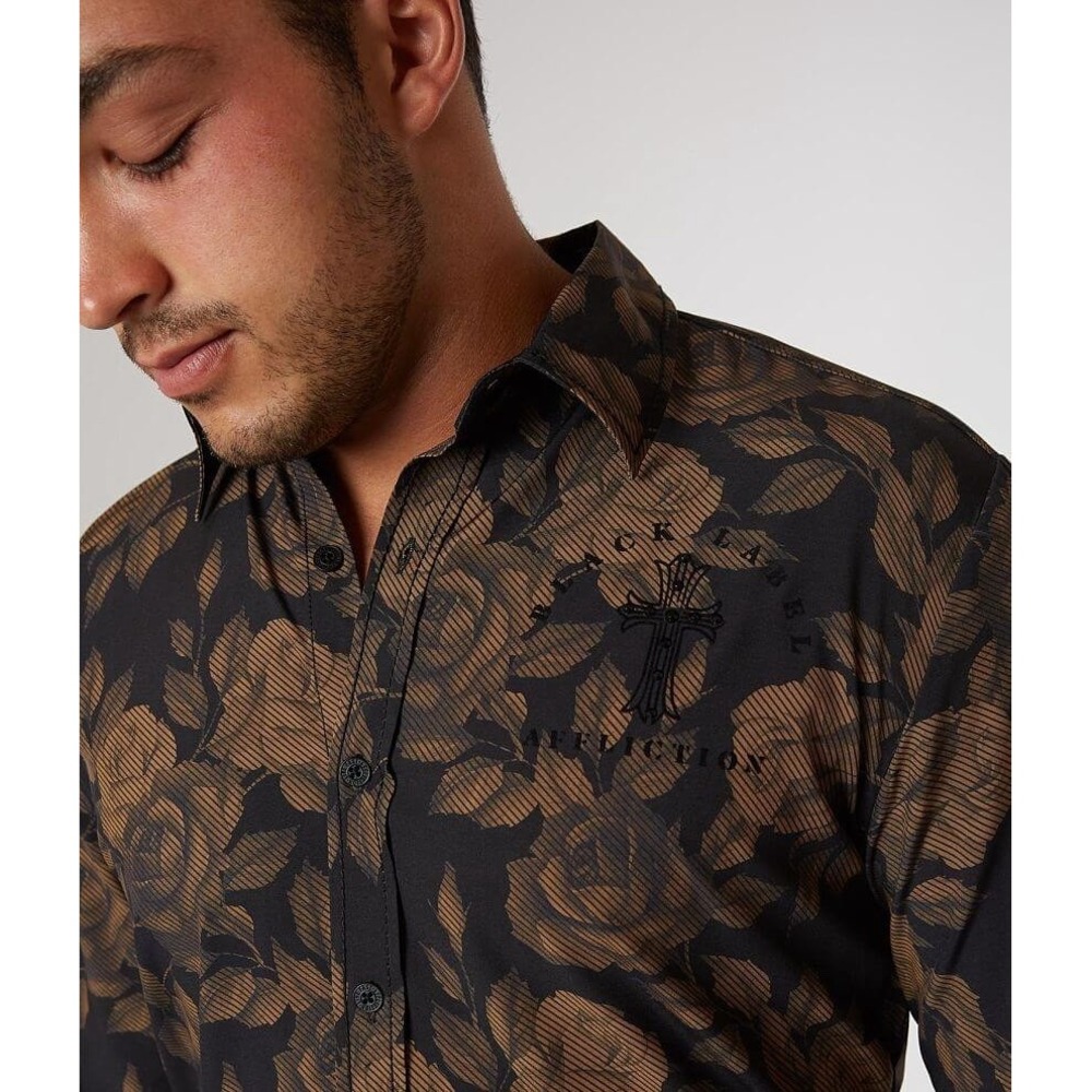 Black Label Affliction Floral Stretch LongSleeve Button Up Yellow Black Men XXL
